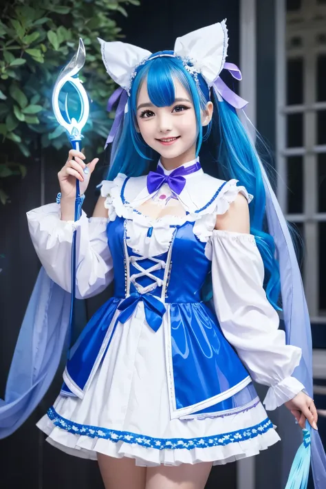 A girl with blue hair、Dressed in colorful and fantastical costumes。She is wearing a white and blue outfit.、Accented with purple ribbons and decorations。She has a cheerful expression、Holding a magic wand in his hand、I&#39;m posing happily。The overall design...