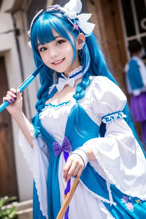 A girl with blue hair、Dressed in colorful and fantastical costumes。She is wearing a white and blue outfit.、Accented with purple ribbons and decorations。She has a cheerful expression、Holding a magic wand in his hand、I&#39;m posing happily。The overall design...