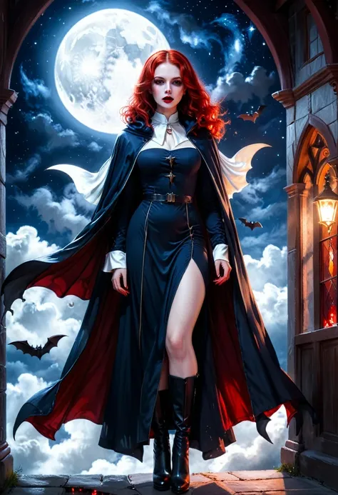 a picture of an exquisite beautiful female nun vampire standing under the starry night sky on the porch of her monastery, ultra feminine, (pale skin: 1.3), red hair, wavy hair, dynamic eyes color, cold eyes, glowing eyes, intense eyes, dark red lips, ((fan...