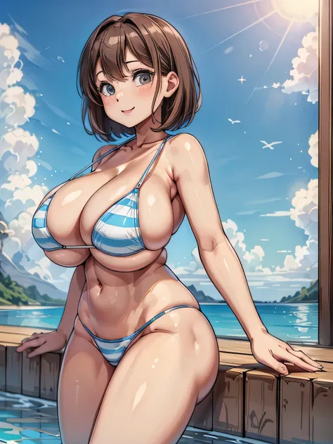 (((highest quality、8k、masterpiece：1.5)))、(Brown Hair、Short Hair、(Big Breasts：1.2)、Underboob、(Light blue striped micro bikini:1.1)、13 years old))、((Perfect Anatomy))、whole body、smile、Facing forward、looking at the camera、Poolside