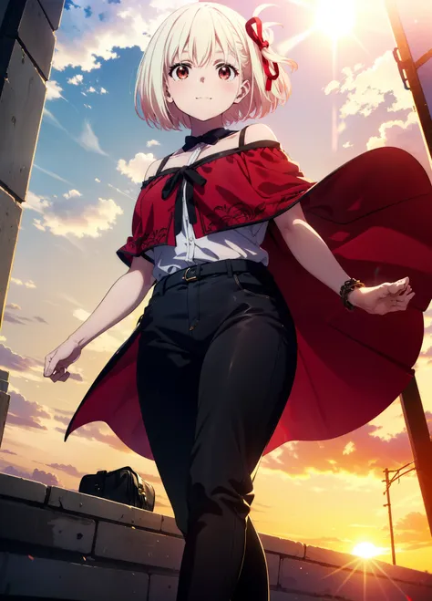 chisatonishikigi, Chisato Nishikigi, short hair, bangs, Blonde Hair, (Red eyes:1.5), Hair Ribbon, One side up, Bobcut,smile,blush,
Cord off-shoulder top,Short sleeve,skinny pants,Stiletto heels,morning,morning陽,The sun is rising,walking,whole bodyがイラストに入るよ...