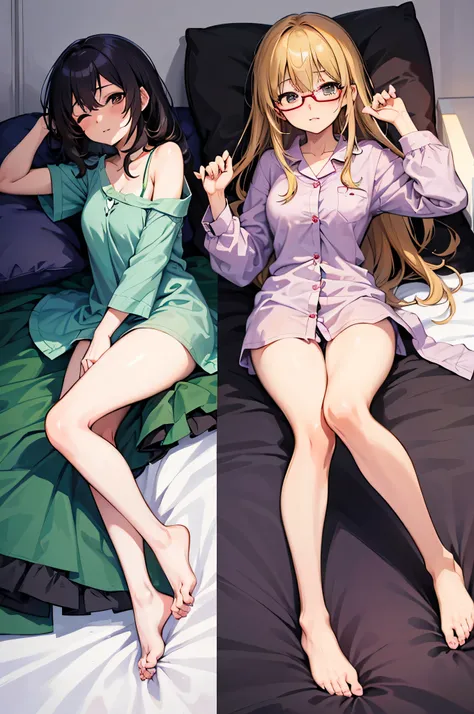 
3girls,;t,;|,asakura_toru,bare_legs,barefoot,sheet,blush,brown_shirt,nails,fukumaru_koito,green_shirt,gray_shirt,haigyo,glasses,high resolution,higuchi_madoka,idolmaster,idolmaster_shiny_colors,knees_together_feet_apart,knees_up,looking_ at_viewer, lying ...