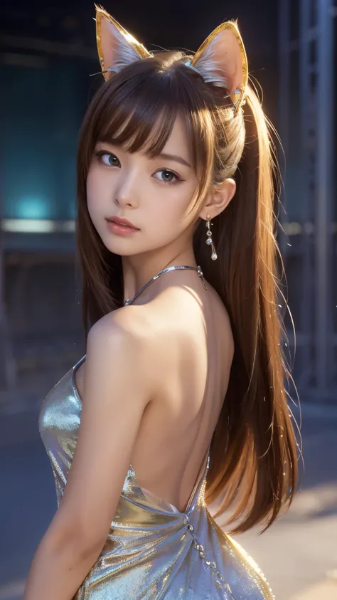 {{masterpiece}},{{highest quality}},enlightenment,1 perfect portrait of a girl, A fascinating eye, (soft hair),(cat ears),Long and slim body type, fantasy background, {exposed bare shoulders},{long-term alienation_sleeve}, {lean forward a little}, If you l...