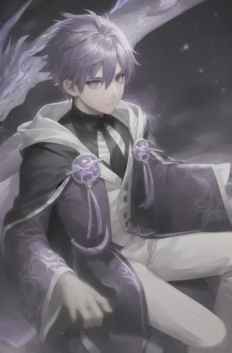 1boy, purple eyes, purple hair, white dragon mask, black outfit with a white coat, wizard style, sitting