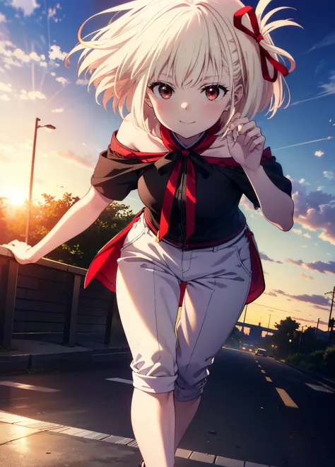 chisatonishikigi, Chisato Nishikigi, short hair, bangs, Blonde Hair, (Red eyes:1.5), Hair Ribbon, One side up, Bobcut,smile,blush,
Cord off-shoulder top,Short sleeve,skinny pants,Stiletto heels,morning,morning陽,The sun is rising,walking,whole bodyがイラストに入るよ...