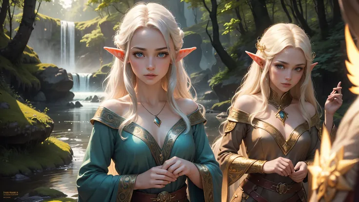 (Best quality,4K,8K,a high resolution,masterpiece:1.2),ultra detailed,(realistic,photorealistic,photo-realistic:1.37),bright colors:1.2,portraits, Two elf girls, elf sisters,Red hair,White hair,Short haircut,long haircut,beautiful detailed eyes,beautiful d...