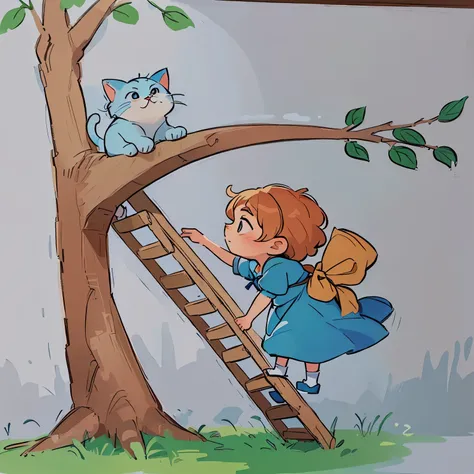 drawing of a person climbing a ladder to reach a cat, desenho de livro infantil, inspirado em Elsa Beskow, inspirado em Claire Hummel, inspirado em Sophie Anderson, illustration para crianças, illustration infantil, inspirado em Jessie Newbery, illustratio...