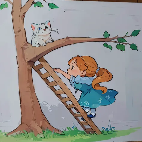 drawing of a person climbing a ladder to reach a cat, desenho de livro infantil, inspirado em Elsa Beskow, inspirado em Claire Hummel, inspirado em Sophie Anderson, illustration for children, children&#39;s illustration, inspirado em Jessie Newbery, book i...