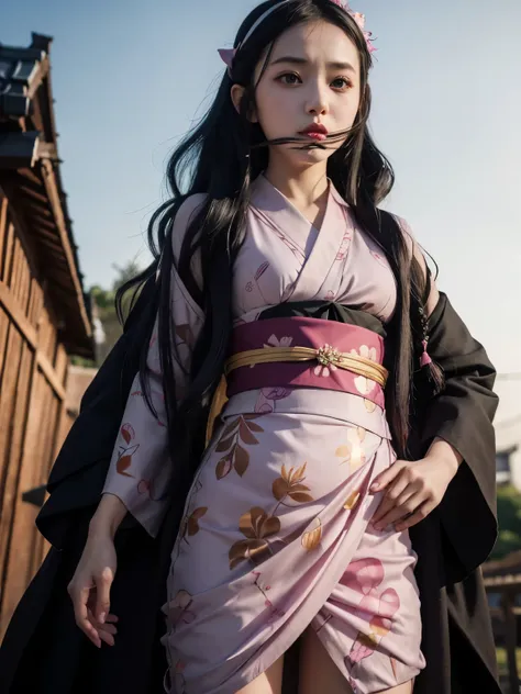 girl with long black hair and a pink dress with a bamboo in her mouth, nezuko-chan, nezuko, kimetsu no yaiba, ehime, Kaguya Otsutsuki, hanayamata, demon slayer rui fanart, demon slayer artstyle, hinata hyuga, official art, from sengoku period