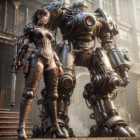 (masterpiece, best quality:1.2), (8k uhd, 16k, 32k, ultra high res), realistic photo, superrealism, (The main subject: Wide-angle lens), steampunk, beautiful female, (super beautiful face), legs, (Show on the(humongous)Power mechanical armor), (super intri...