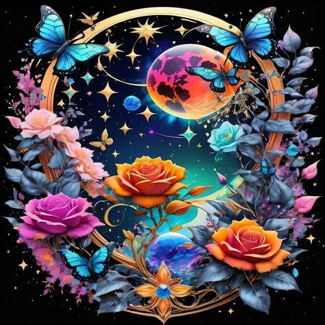 a deep black cosmic backdropStars Planets Suns and Moons Colorful Paint Splash Cute glitter vector graphic design featuring intricate and complex symbols with the ethereal beautiful of a celestial palace known as the Galactic Citadel, bathed in  vibrant br...