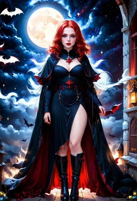 a picture of an exquisite beautiful female nun vampire standing under the starry night sky on the porch of her monastery, ultra feminine, (pale skin: 1.3), red hair, wavy hair, dynamic eyes color, cold eyes, glowing eyes, intense eyes, dark red lips, ((fan...