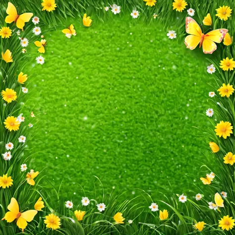 Easter spring floral background, fresh flowers and butterflies. Easter spring floral background. Fresh flowers and yellow butterflies on green grass background