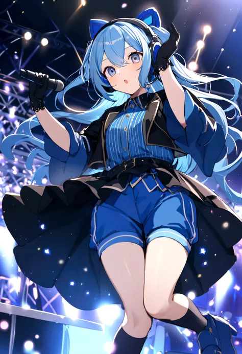 A girl with long light blue hair, blue eyes, black jacket, blue sleeves, black gloves, short blue blouse, belly, black and blue headphones, blue shorts, black belt, black socks with blue stripes, blue shoes, cute, idol, singing at a concert, on stage, ligh...