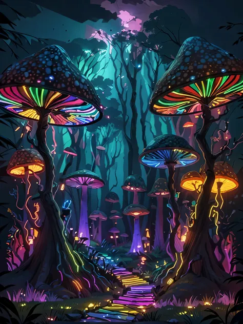 fairy tail mushroom forest, breathtaking, stair path in the middle colourful neon art cyber saturation