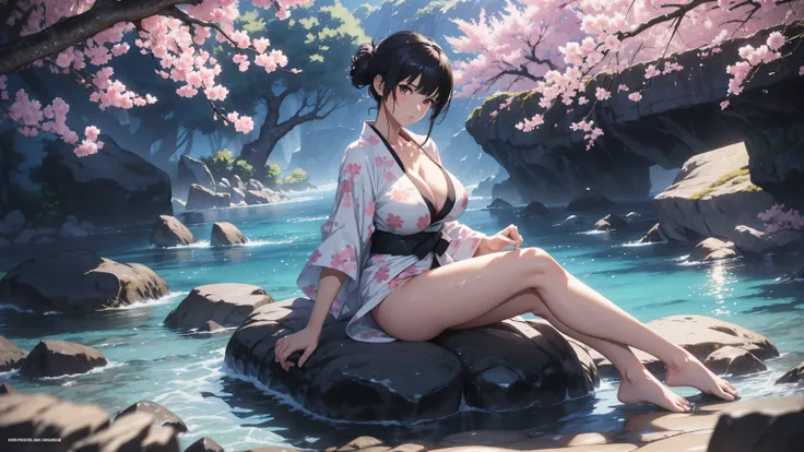 4k, masterpiece, highest quality,  full body, bikini with yukata, big breasts, black hair, embarrased, full height, clear eyes, intricate detailed, dramatic, makoto shinkai, sitting on rock under sakura tree, midnight