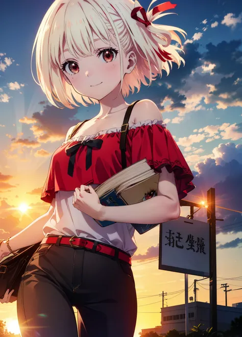 chisatonishikigi, Chisato Nishikigi, short hair, bangs, Blonde Hair, (Red eyes:1.5), Hair Ribbon, One side up, Bobcut,smile,blush,
Cord off-shoulder top,Short sleeve,skinny pants,Stiletto heels,morning,morning陽,The sun is rising,walking,whole bodyがイラストに入るよ...