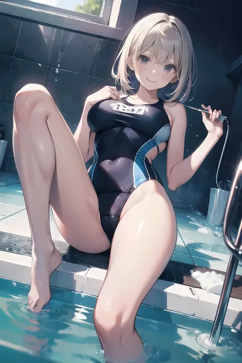 high quality、最high quality、Complete limbs、Ultra-high resolution、Bright light、Slender Beauty、smile、Wearing a shiny school swimsuit、Glowing Skin、Black Knee High、Large Breasts、Bubble bath