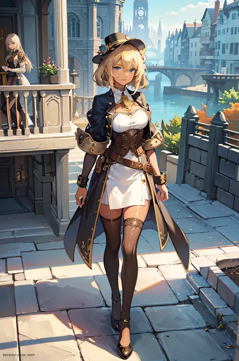 Create an illustration depicting a  overlooking a steampunk cityscape. (The girl has dark skin), short blonde hair and shiny blue eyes. The girl should be standing in a vantage point, Rooftops, bridges, etc., Look down on the intricately designed steampunk...