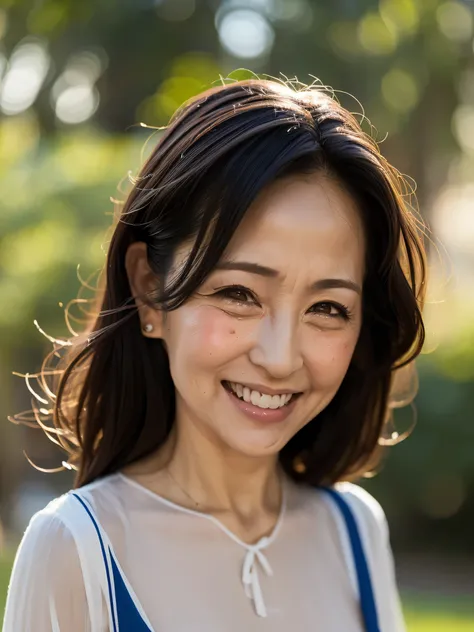 ((highest quality, 8K, Ultra high definition)), ((masterpiece: 1.3)), (Perfect appearance), (Photorealism: 1.6), (JMA), (Portrait of a Japanese mature woman), (Blurred Background: 1.8), (Sunny day in the park), (Woman standing in the shade), ((Looking this...