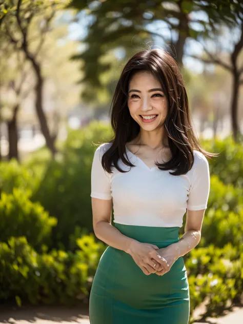((highest quality, 8K, Ultra high definition)), ((masterpiece: 1.3)), (Perfect appearance), (Photorealism: 1.6), (JMA), (Portrait of a Japanese mature woman), (Blurred Background: 1.8), (Sunny day in the park), (Woman standing in the shade), ((Looking this...