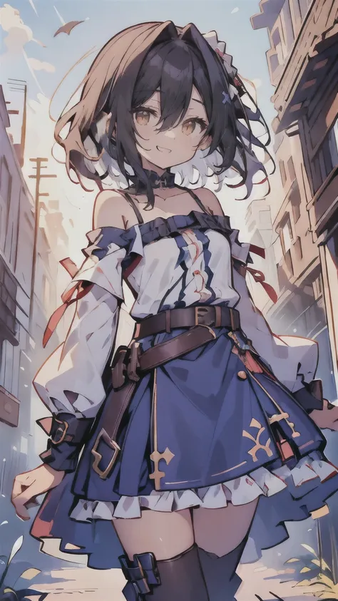 dress,1girl with((bare shoulders, belt, eyebrows visible through hair, hair between eyes, long sleeves, looking at viewer, off shoulder, shirt, single thighhigh, solo, thighhighs, white legwear, white shirt,off-shoulder dress,frilled skirt,belt buckle,slee...
