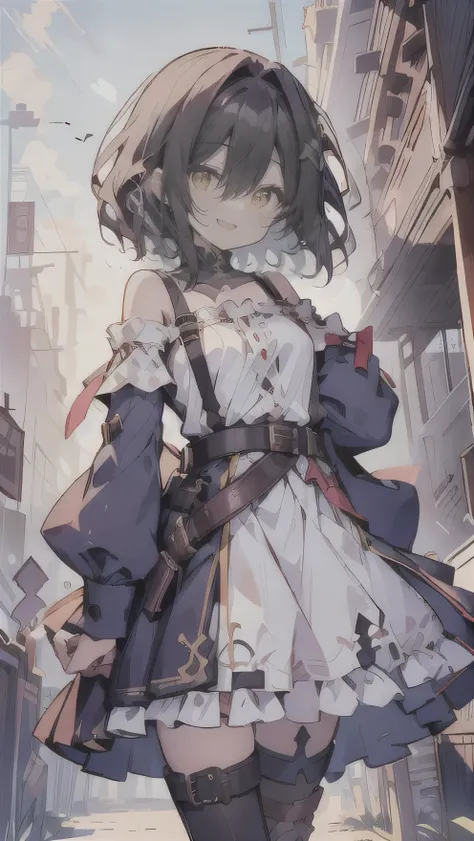 dress,1girl with((bare shoulders, belt, eyebrows visible through hair, hair between eyes, long sleeves, suspenders, looking at viewer, off shoulder, shirt, single thighhigh, solo, thighhighs, white legwear, white shirt,off-shoulder dress,frilled skirt,belt...
