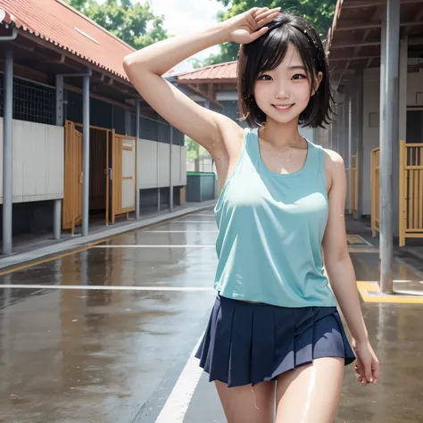 A girl whose whole body is soaked with sweat。Smiling and sweating on my forehead。The background is the schoolyard。Tank top and short skirt。