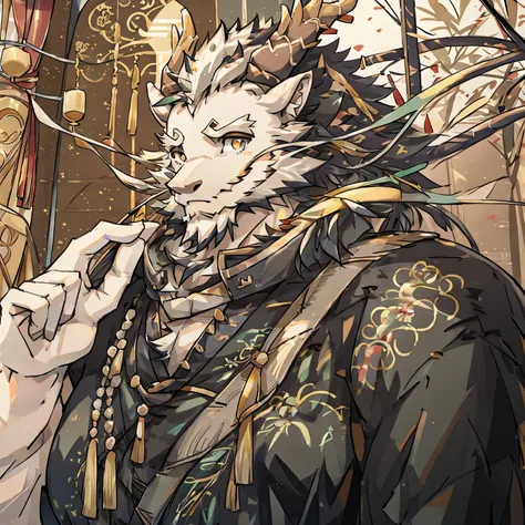 (white eastern dragon),furry,white mustache,big pecs,hearty males,muscular,black imperial robe,adult,traditional_chinese_room,head portrait