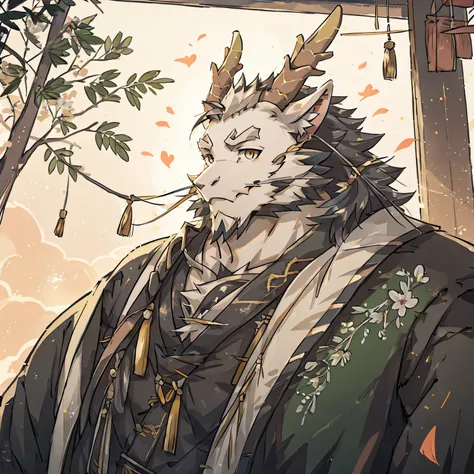 (white eastern dragon),furry,white mustache,big pecs,hearty males,muscular,black imperial robe,adult,traditional_chinese_room,head portrait