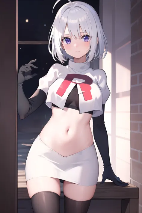 masterpiece, best quality, 1 girl  white hair, ahoge, team rocket,team rocket uniform,white skirt,red letter r,crop top,black th...