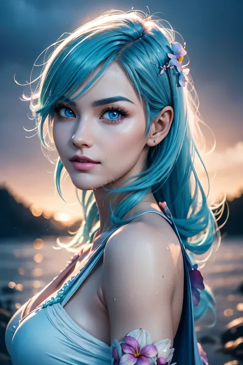 Dragon Ball Z,Bloomer,Light blue hair color,Beautiful Hair,Shortcuts,beautifully arranged bangs,Pale blue eyes,White skin,Photorealistic,Ultra HD,high quality,masterpiece,Digital SLR,Detailed details,Intricate details,Anatomical basis,Depicted in detail,A ...