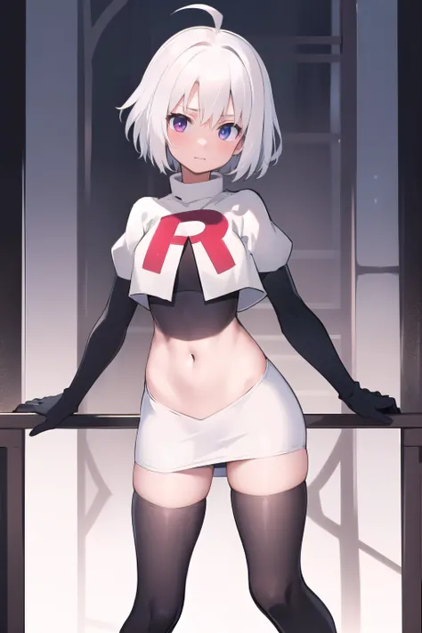 masterpiece, best quality, 1 girl  white hair, ahoge, team rocket,team rocket uniform,white skirt,red letter r,crop top,black th...