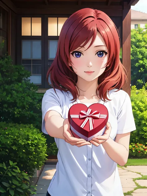 high resolution, highest quality, super high quality,3d images,maki nishikino、standing、garden, (holding a heart-shaped box in ha...