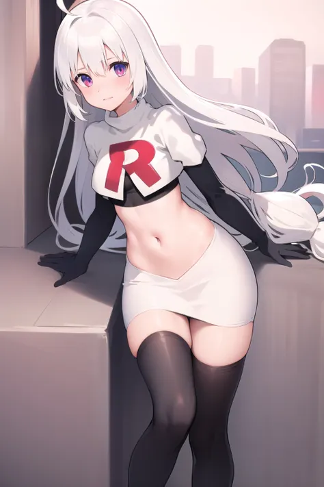 masterpiece, best quality, 1 girl  white hair, long hair,ahoge, team rocket,team rocket uniform,white skirt,red letter r,crop to...