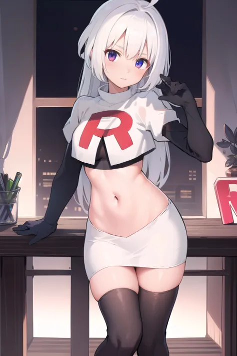 masterpiece, best quality, 1 girl  white hair, long hair,ahoge, team rocket,team rocket uniform,white skirt,red letter r,crop to...