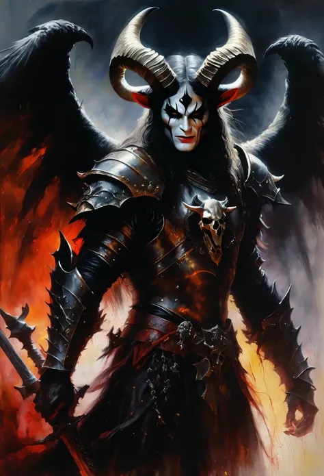 mj, Best Quality, cinematic, close-up, demon with goat head with big horns, strong and strong upper body, demon skins, skins, (claws, wings)), demonic armor, blood splatter, skulls on the ground, standing in blood ritual, medieval, dark room, dim light, ma...