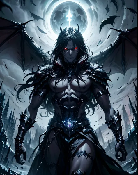 In a dark and oppressive scenario, a character inspired by Guts emerges, de Berserk, but even more dark and terrifying. Their hair is long and black, just like your arms, creating a sinister appearance. Seus olhos, de um vermelho intenso, irradiam uma aura...