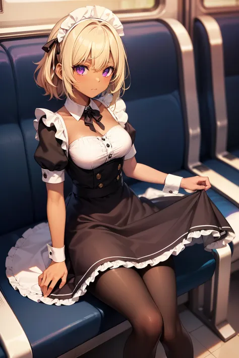 (tabletop, highest quality, super detailed), one girl, purple eyes, blonde hair, dark skin, short hair、perm hair、((pantyhose))、(...