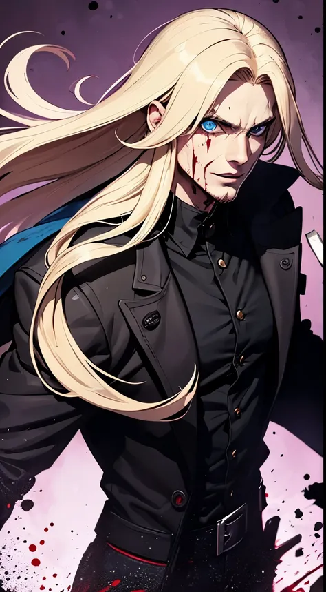 (masculine), (horrifying,shocking),blood-spattered man, male covered in blood,long flowing blond hair, , ((paled skin)) ,expressive eyes,dramatic lighting,gritty and intense,horror portrait,violent,splattered blood,dark and haunting background,close-up of ...