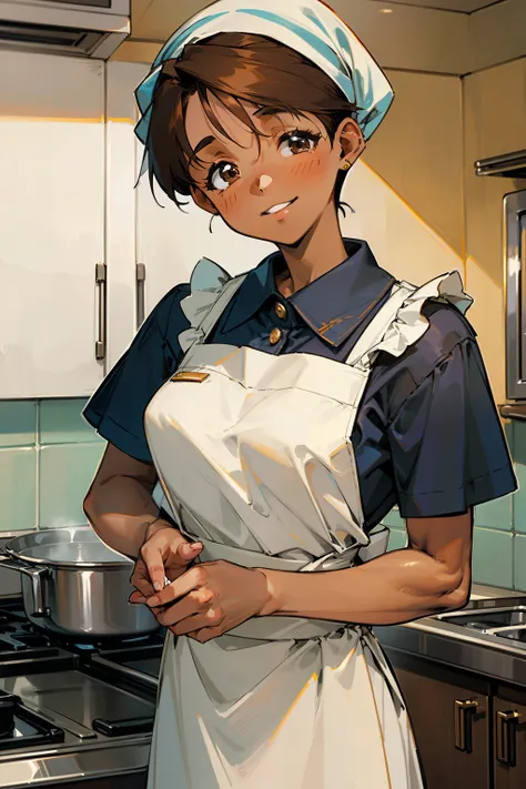 ,(Masterpiece), Best Quality, ultra-detailed, MIZUKITO, TAN, EARRINGS, head scarf, white y shirts(buttons), white apron, white pants , , slender and sexy body, 1girl, solo,facing viewer, looking at viewer,head tilt, smile, parted lips,night time, school, ...
