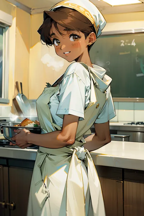 ,(Masterpiece), Best Quality, ultra-detailed, MIZUKITO, TAN, EARRINGS, head scarf, white y shirts(buttons), white apron, white pants , , slender and sexy body, 1girl, solo,head tilt, smile, parted lips,night time, school, in the a restaurant kitchen , stan...