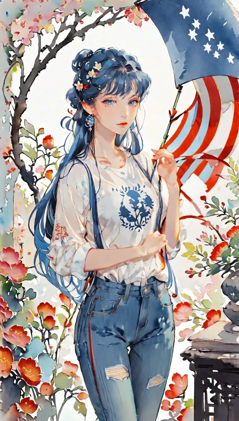 (((how to cut paper))), 1 girl, blue hair, long hair, portfolio, shirts and denim, flag