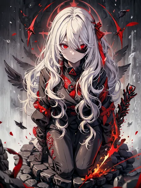 white hair　red eyes　black clothes　have sickle　boots　eye mask　kitchen disease　cool　crow　sickle　dark　dark darkness　big sickle　grim...