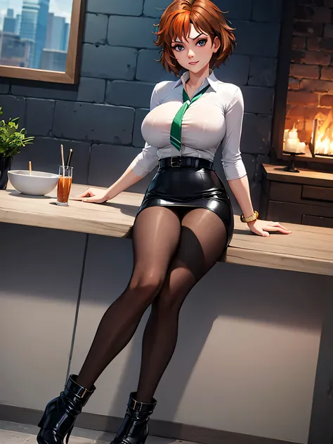 merula, full body, thighs, high boots high heels, solo, nude tits, pantyhose, tight leather mini skirt, white blouse