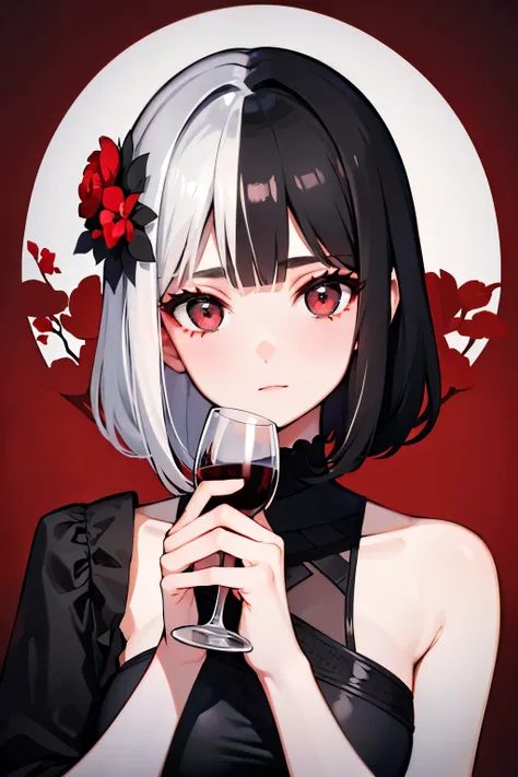 beatiful girl with gray eyes with split hairstyle black-silver hair and holding a glass of wine in one hand, red flowers backgro...