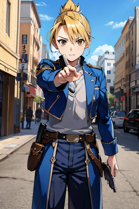 masterpiece, highest quality, High resolution, A wounded woman surrounded and attacked by multiple Goblins during combat., Goblins, Many Goblins, Hamriz, Folded ponytail, Brown eyes, Center of chest, uniform, Blue jacket, Blue pants, Are standing, Cowboy S...