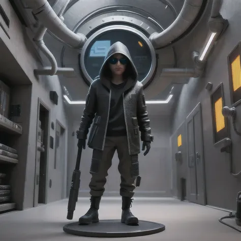 a close up of a person in a hoodedie standing in front of a clock, techwear occultist, dystopian sci-fi character, epic scifi ch...