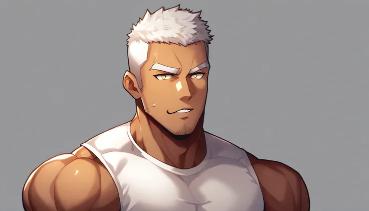 anime characters:Gyee, Fitness coach, Shining black skin, 1 muscular tough guy, Manliness, male focus, Cream White Sleeveless Tight T-Shirt, Very tight, The pectoral muscles are oversized, Slightly transparent, muscular male, muscular, only, Upper body, al...