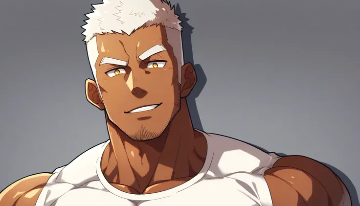 anime characters:Gyee, Fitness coach, negro black skin, 1 muscular tough guy, Manliness, male focus, Cream White Sleeveless Tight T-Shirt, Very tight, The pectoral muscles are oversized, Slightly transparent, muscular male, muscular, only, Upper body, alon...